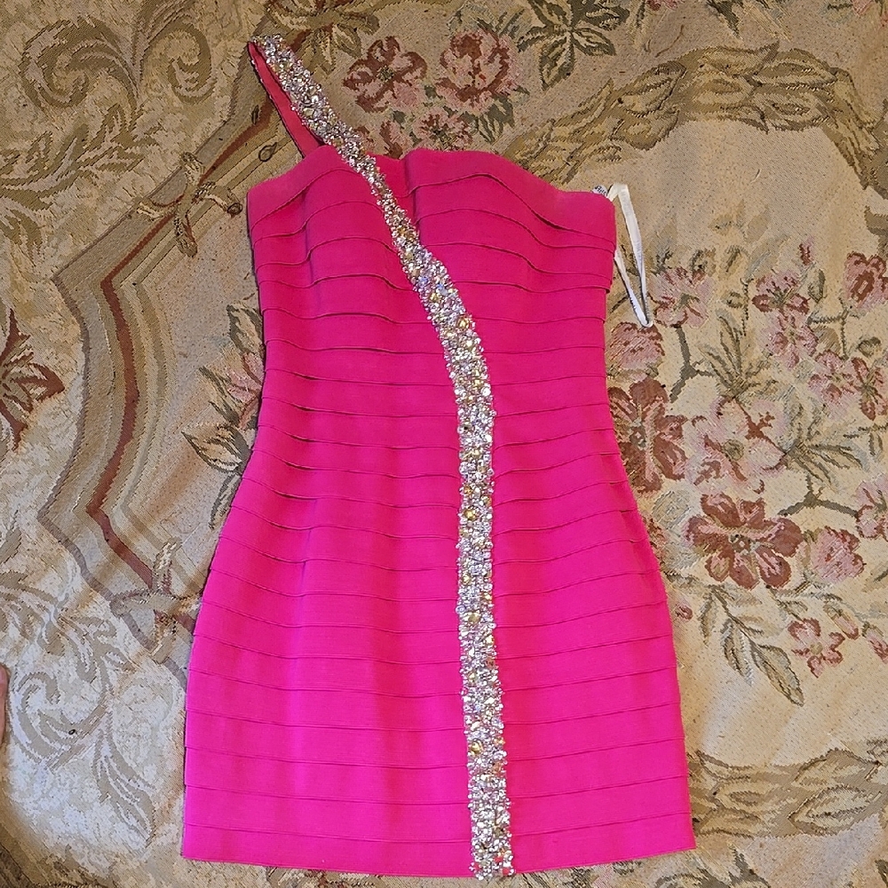 Sherri Hill Hot Pink One-Shoulder Crystal-Trim Bandage Dress